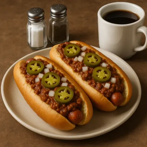 Two Loaded Hot Dogs with Chili