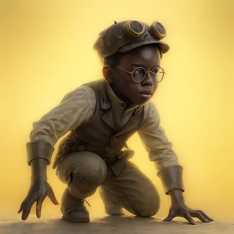Ebony-skinned Child in a Stealthy Crouching Pose Low
