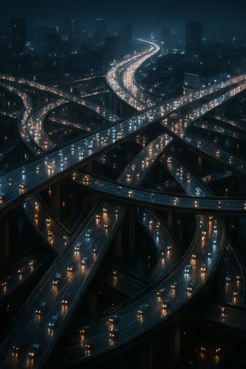 Innumerable Tiny Car Headlights Streak