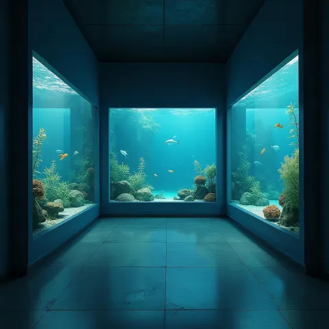 Dim Room Walled With Freshwater Aquariums