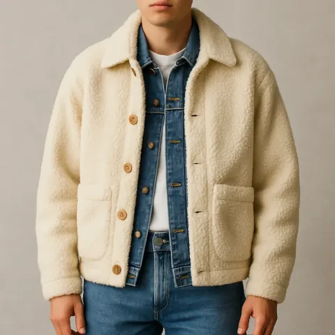 Person Wearing a Cream-colored Sherpa Jacket
