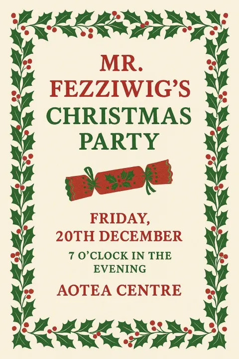 Festive Invitation to "Mr Fezziwig's Christmas Party" Featuring Holly Borders