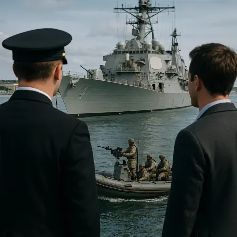Naval Officer and a Civilian Observe a Small Military Boat