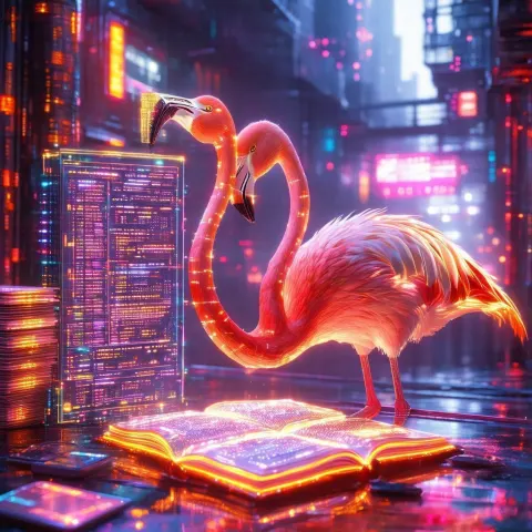 Neon Flamingo Reading a Holographic Book