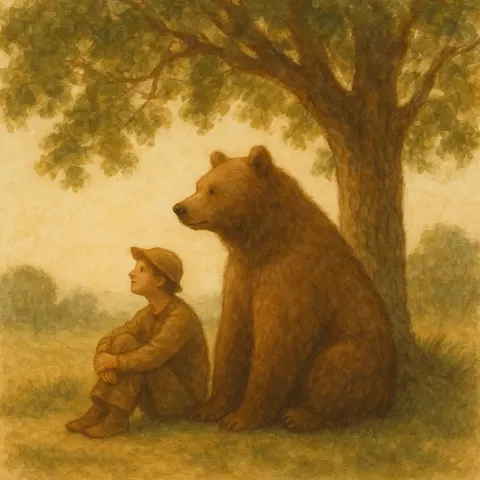 Man and a Bear Seated Together Underneath a Tree