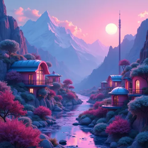 Retro Futuristic Village in Pink Neon