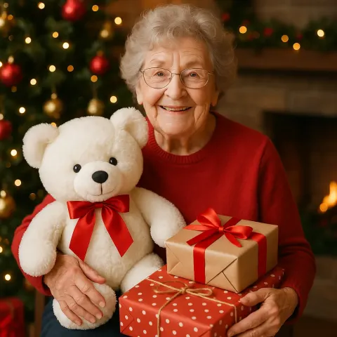 Elderly Woman Holds a Large White Teddy Bear