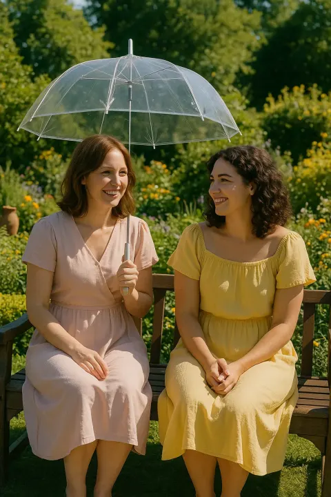 Two Women Sitting on a Bench in a Sunny Garden