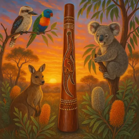 Traditional Didgeridoo Positioned Amid Lively Australian Flora and Fauna