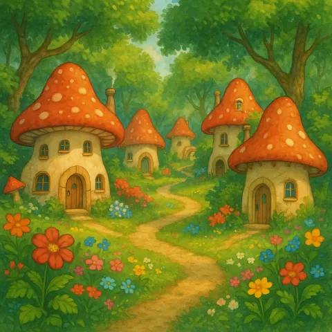 Whimsical Forest Village with Mushroom-shaped Houses Surrounded by Vibrant Greenery