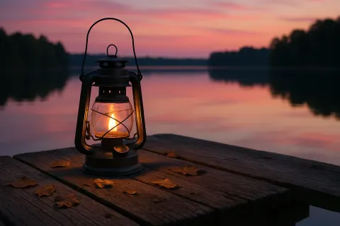 Tranquil Lake Scene Unfolds with a Rustic Lantern Sitting