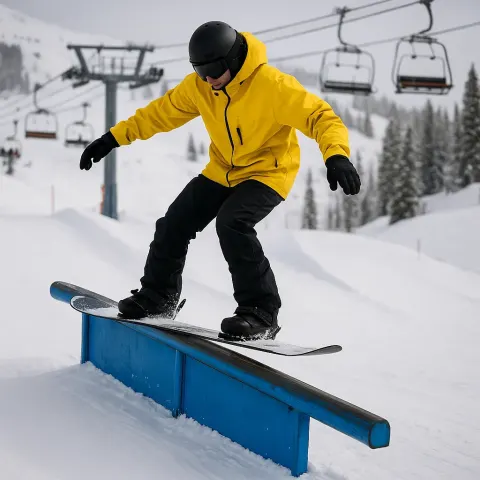 Snowboarder in a Yellow Jacket Performs a Rail Slide