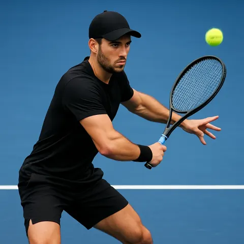 Tennis Player Wearing a Black Outfit Prepares