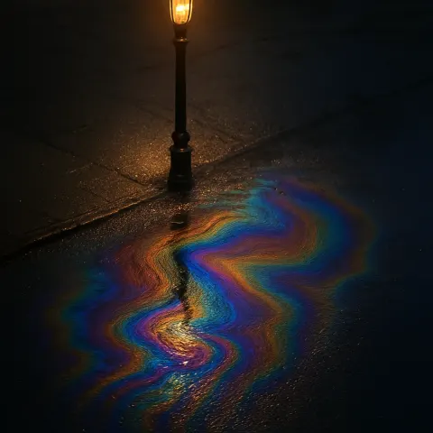 Puddle with an Iridescent Oil Film Reflects a Spectrum