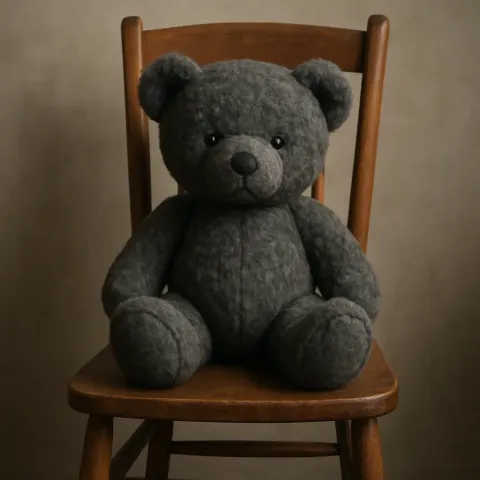Teddy Bear in Charcoal Gray Seated on a Chair Made