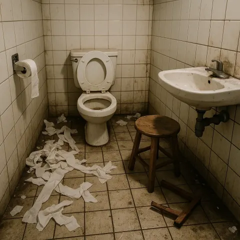 Messy Restroom with a Damaged Stool