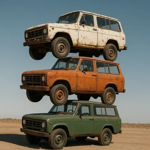 Teetering Stack of Three Old SUVs Forms a Tower