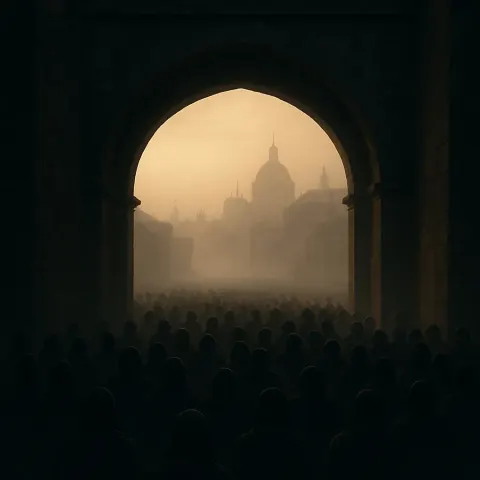 Dense Throng of Silhouetted Figures Moves Like a Slow River