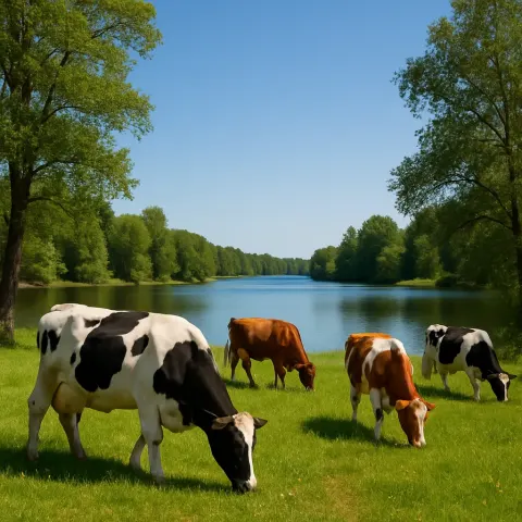 Cows Grazing near a Tranquil Lakeshore Surrounded by Trees