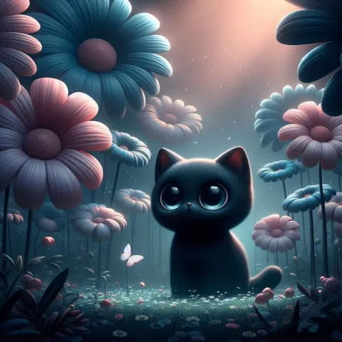Whimsical Black Cat Fantasy Scene