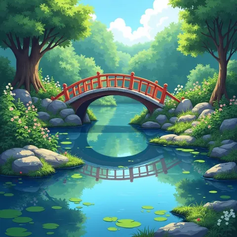 Serene Anime Pond With an Arched Bridge