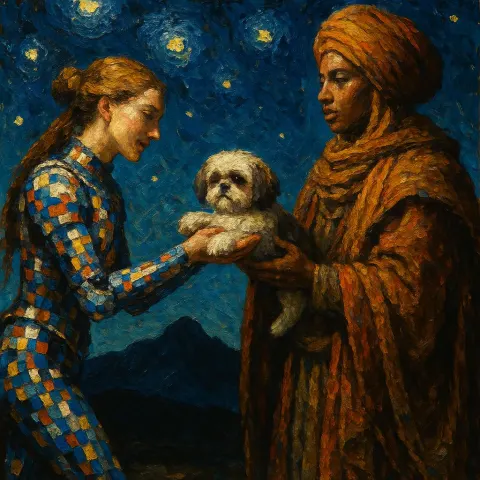 Graceful Woman in Pixel-patterned Retro-tech Armor Offers a Small Shih-tzu