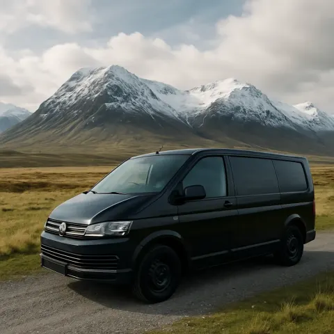 Black Van Parked on a Gravel Path in a Vast