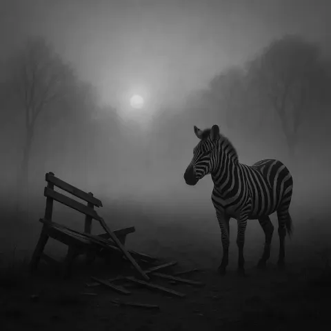 Grayscale Scene at Foggy Dawn Depicts a Solitary Zebra