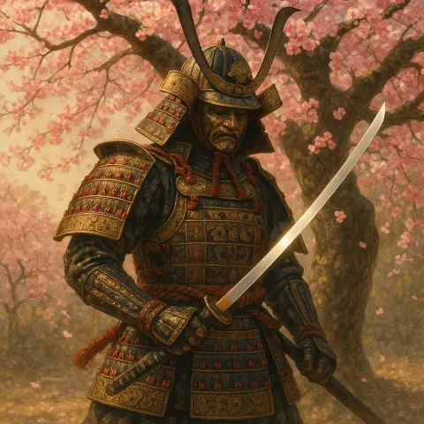 Beneath the Blossoms of a Cherry Tree Stands a Samurai