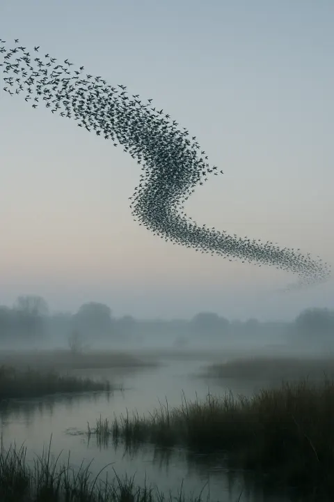 Large Flock of Migrating Birds Forms