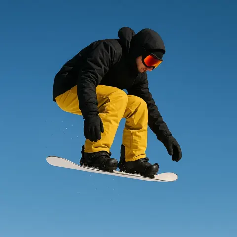 Snowboarder Wearing a Black Jacket and Yellow Pants Is Mid-air