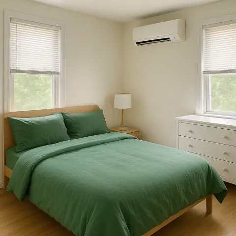 Well-lit Bedroom Featuring a Bed with Green Bedding