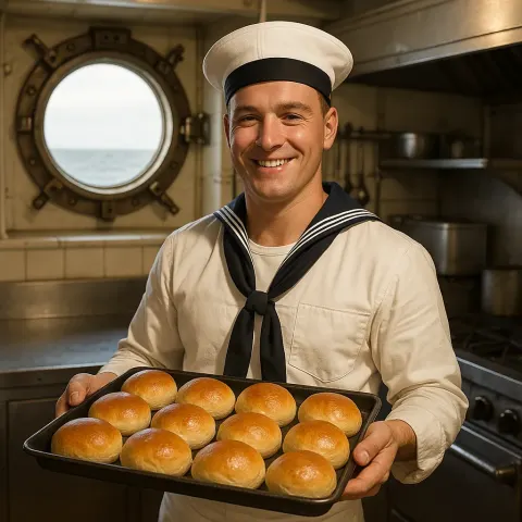 Sailor in a White Uniform Holding a Tray of Freshly
