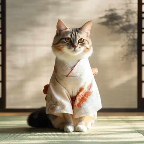 Elegant Kimono Cat in Cinematic Grain