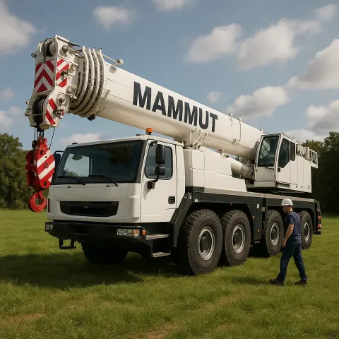 Large White Mammut Crane Truck Parked on a Grassy Area
