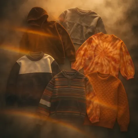 Centered Arrangement of Approximately Six Unique Sweatshirts Lies Partially