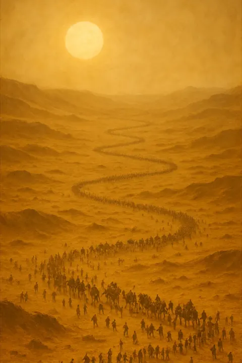 Sprawling Caravan of Innumerable Tiny Figures and Pack Animals Slowly