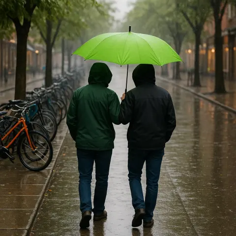 Two People with Jackets Share a Bright Green Umbrella