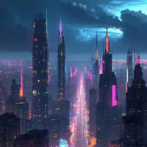 Neon Metropolis Glowing at Misty Dusk