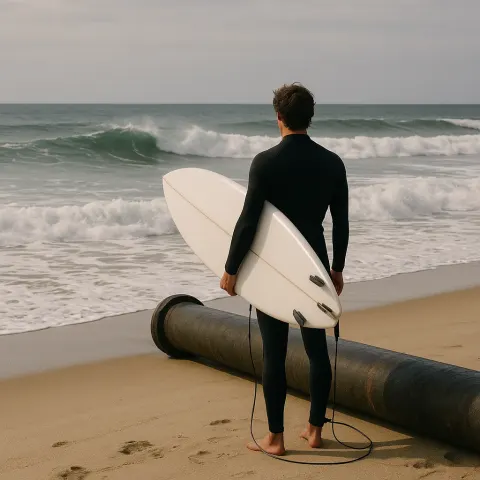 Surfer Holding a White Surfboard Stands