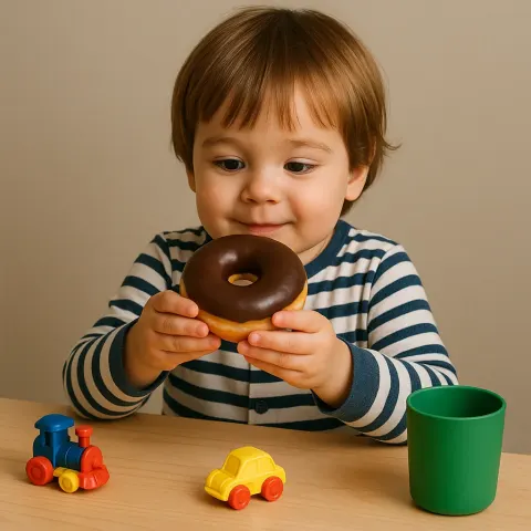 Child in Striped Pajamas Sits at a Table