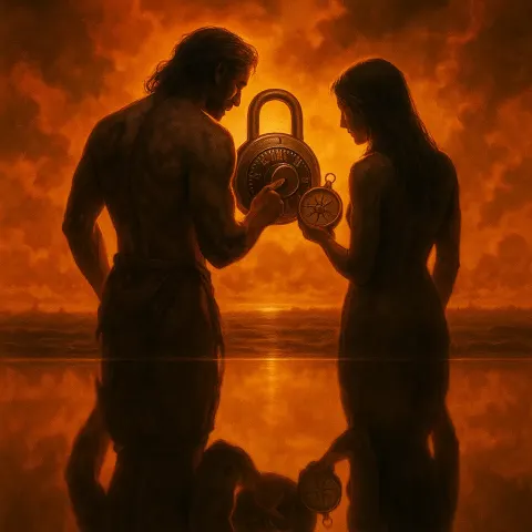 Loincloth-clad Figure and their Fine-haired Lover Meticulously Study an Intricately