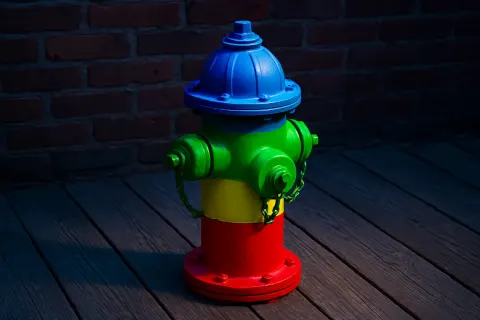 RGB Color-banded Fire Hydrant Stands on Weathered Wood