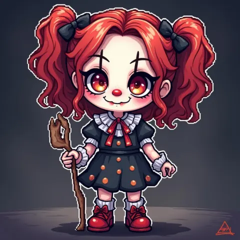Red Haired Goth Clown in Retro Pixels