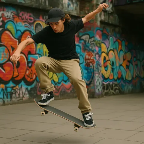 Skateboarder Performs a Trick in an Urban Setting with Graffiti-covered