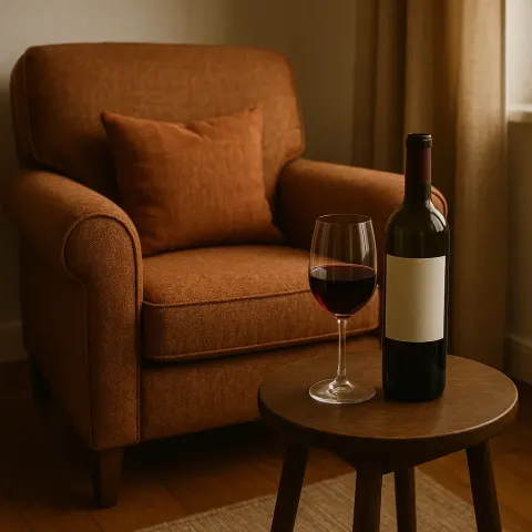 Comfortable Chair Alongside a Partially Filled Wine Bottle