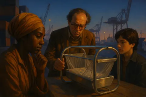 Thoughtful Trickster in a Caramel Headwrap Watches a 1970s Technologist