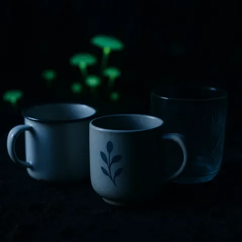 Dark Scene Where Bioluminescent Fungi Cast an Eerie Glow