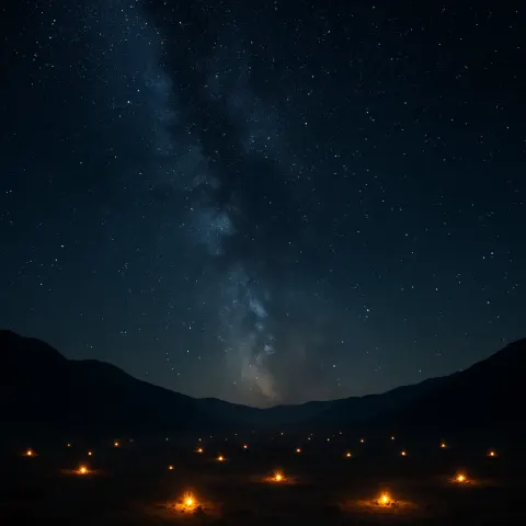 Many Distant Campfires Flicker Like Scattered Embers Across a Vast