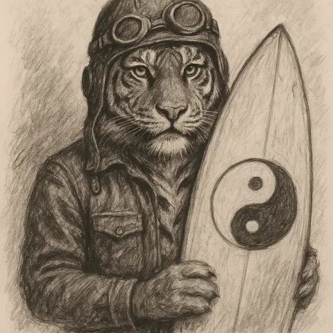 Charcoal Sketch Depicting a Tiger Dressed in a Retro Aviation
